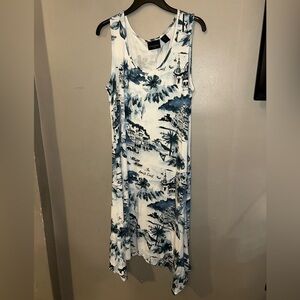 Cynthia Rowley Dress - white/blue tropical print sleeveless asymmetrical